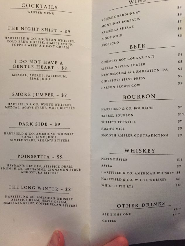 Prichard and Bail bar menu