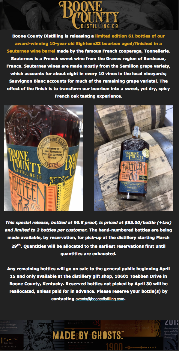 Boone County Distilling Co Sauternes Finished Bourbon Announcement