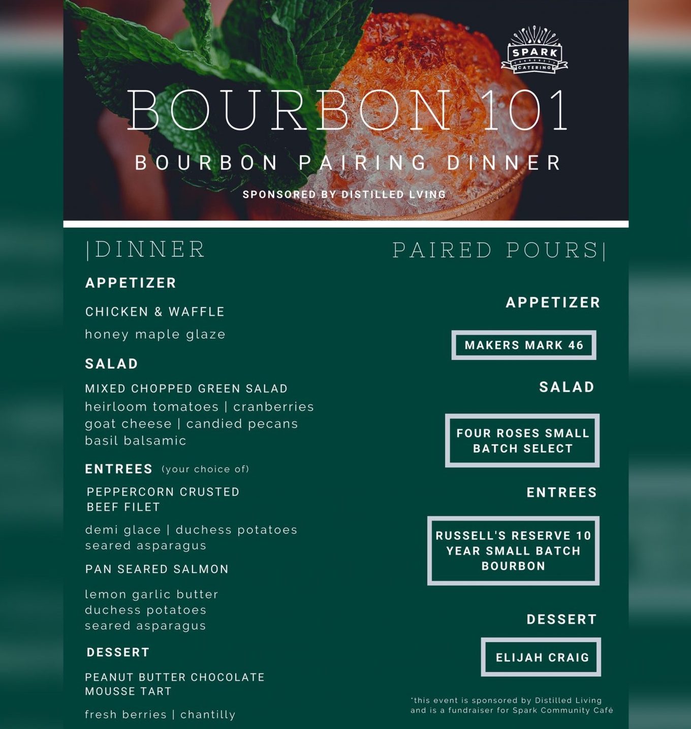 Spark Community Cafe Bourbon 101 dinner Feb 21 2020